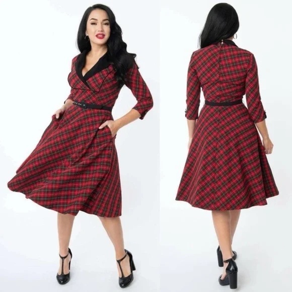 UNIQUE VINTAGE Trudy Red Plaid Dress 50s style swing dress with Black Accents - Picture 3 of 3